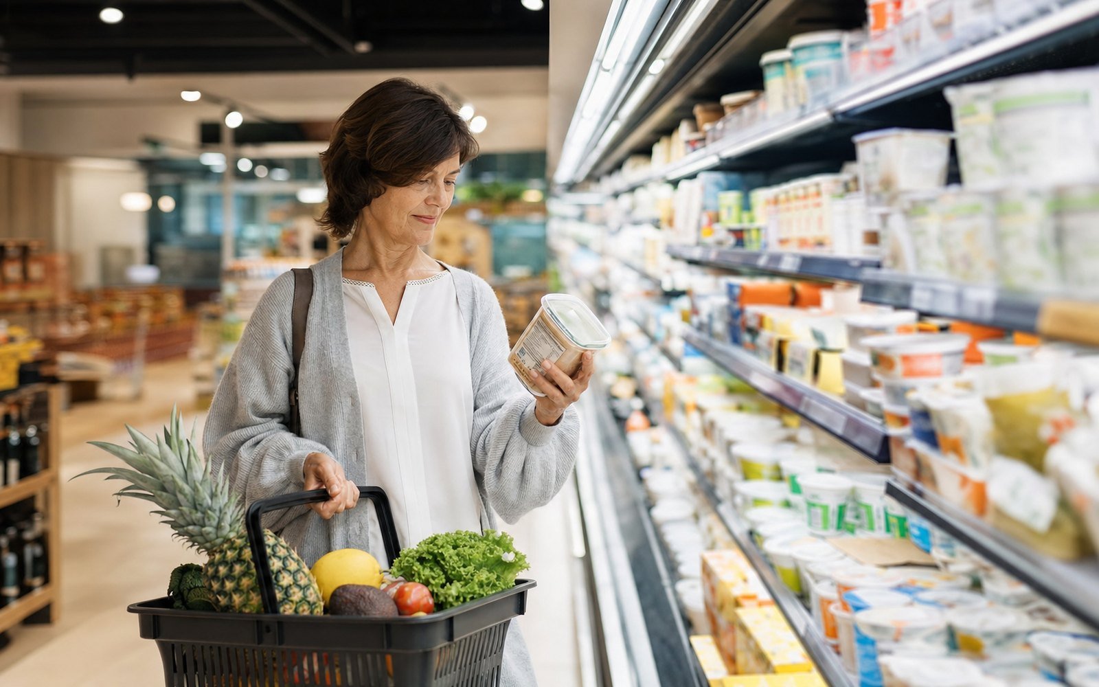 Persona leyendo una etiqueta nutricional en el supermercado con frutas y verduras en la canasta