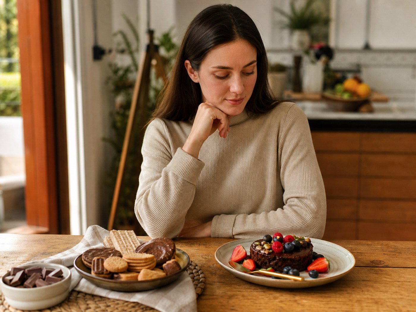Mujer comparando galletitas y un postre saludable casero con frutas