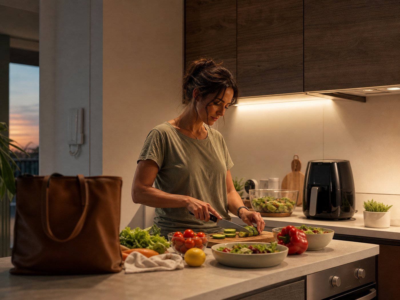 Persona preparando una comida rápida y saludable al llegar a casa con una freidora de aire al fondo