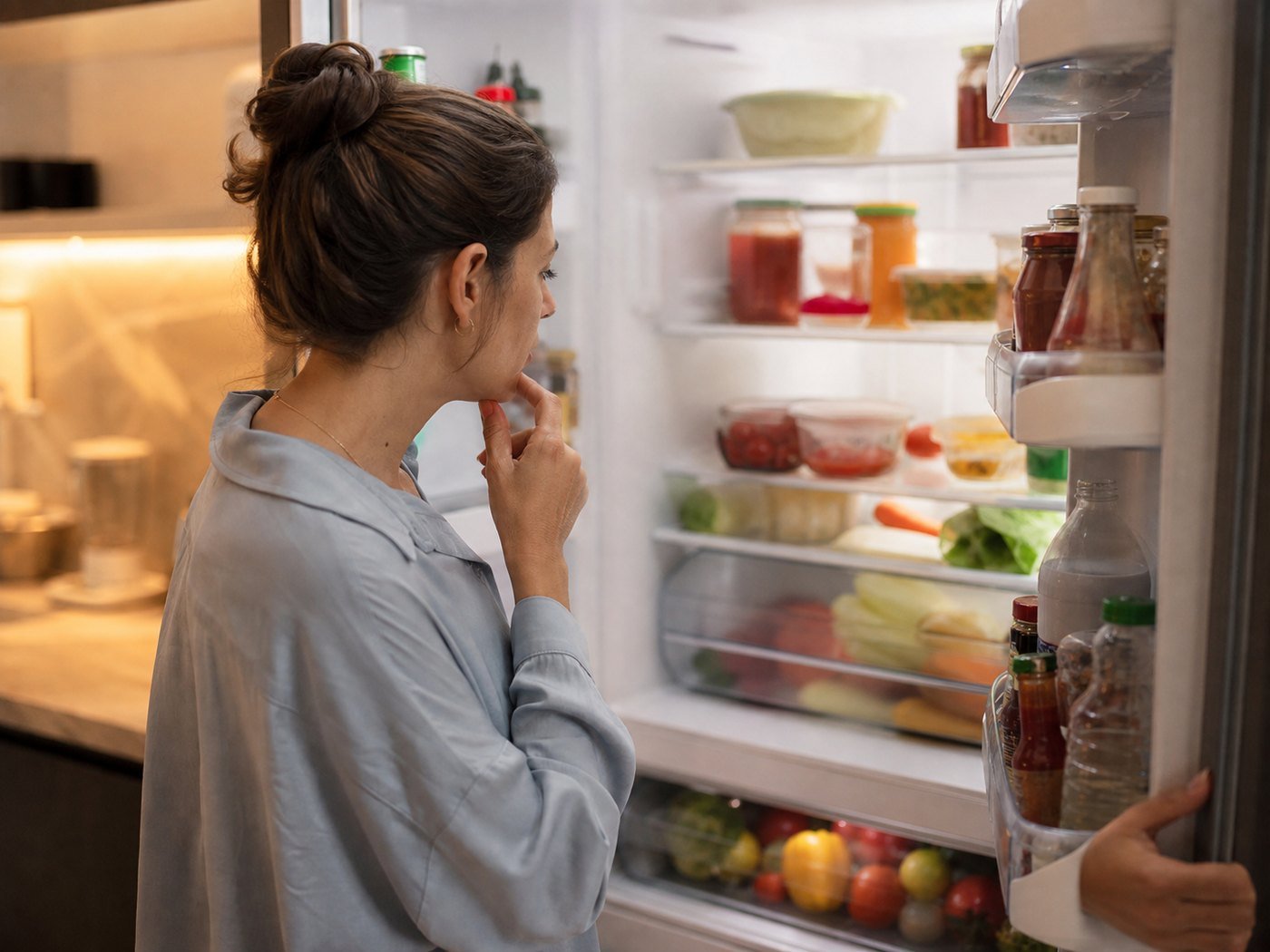 Mujer mirando una heladera abierta sin decidir qué cocinar