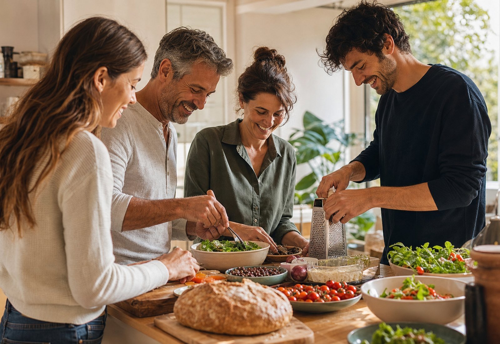Familia adulta preparando una comida saludable en una cocina luminosa