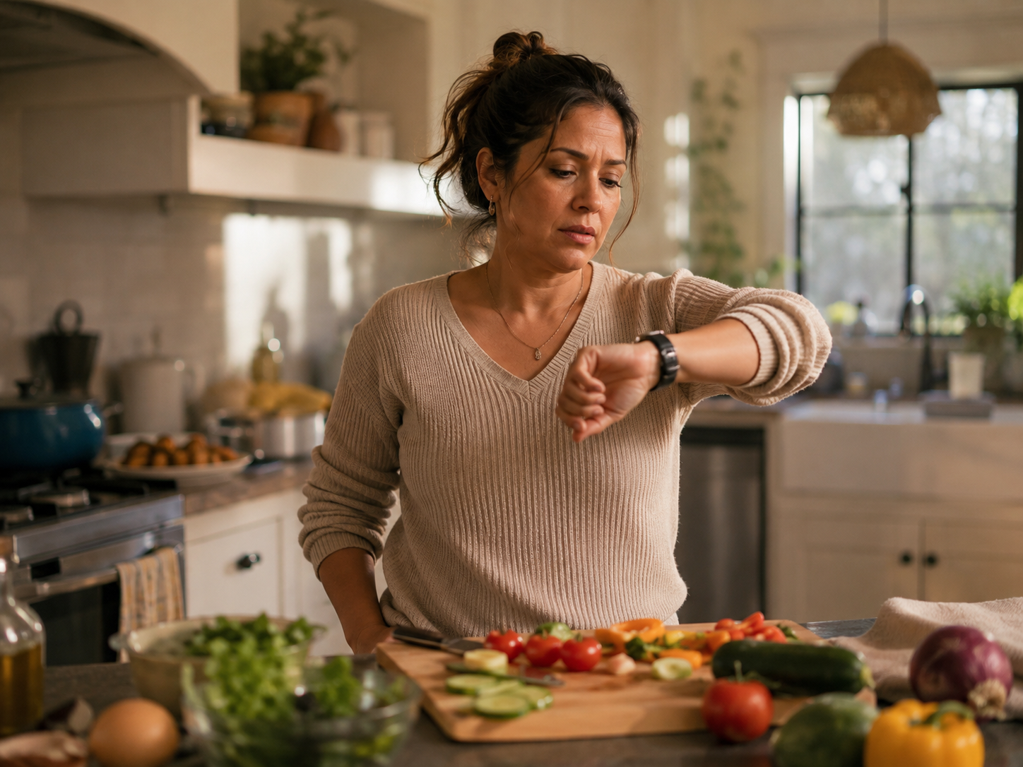Mujer cansada intentando decidir qué cocinar